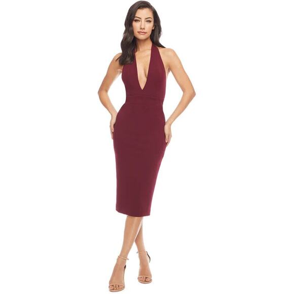 Dress The Population Vanessa Dress Burgundy Plunge Halter Neck Size Medium - Picture 1 of 11